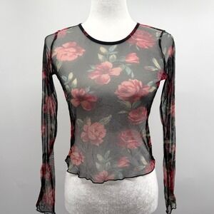 Fairy Grunge Floral Sheer Mesh Long Sleeve Top in Black Floral Print Size Small